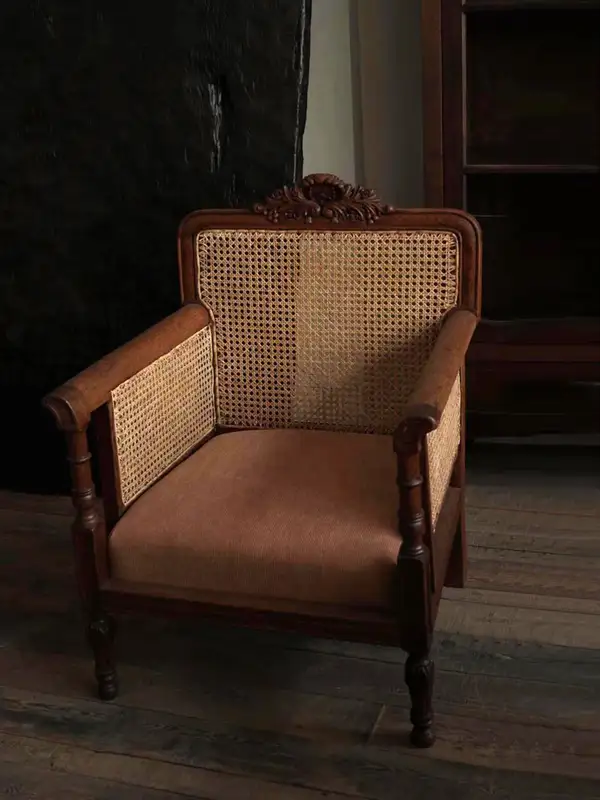 Vintage-Inspired Mixed-Material Cane-Detailed Lounge Chair — product image 1